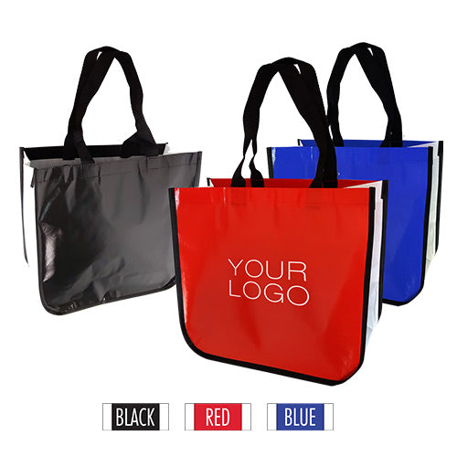 Three laminated non-woven shopping bags in different colors with your logo on them.