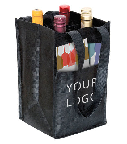 A black non-woven wine bag holding four bottles of wine with front pocket and the words "your logo" imprinted 