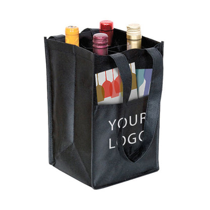 A black non-woven wine bag holding four bottles of wine with front pocket and the words "your logo" imprinted 