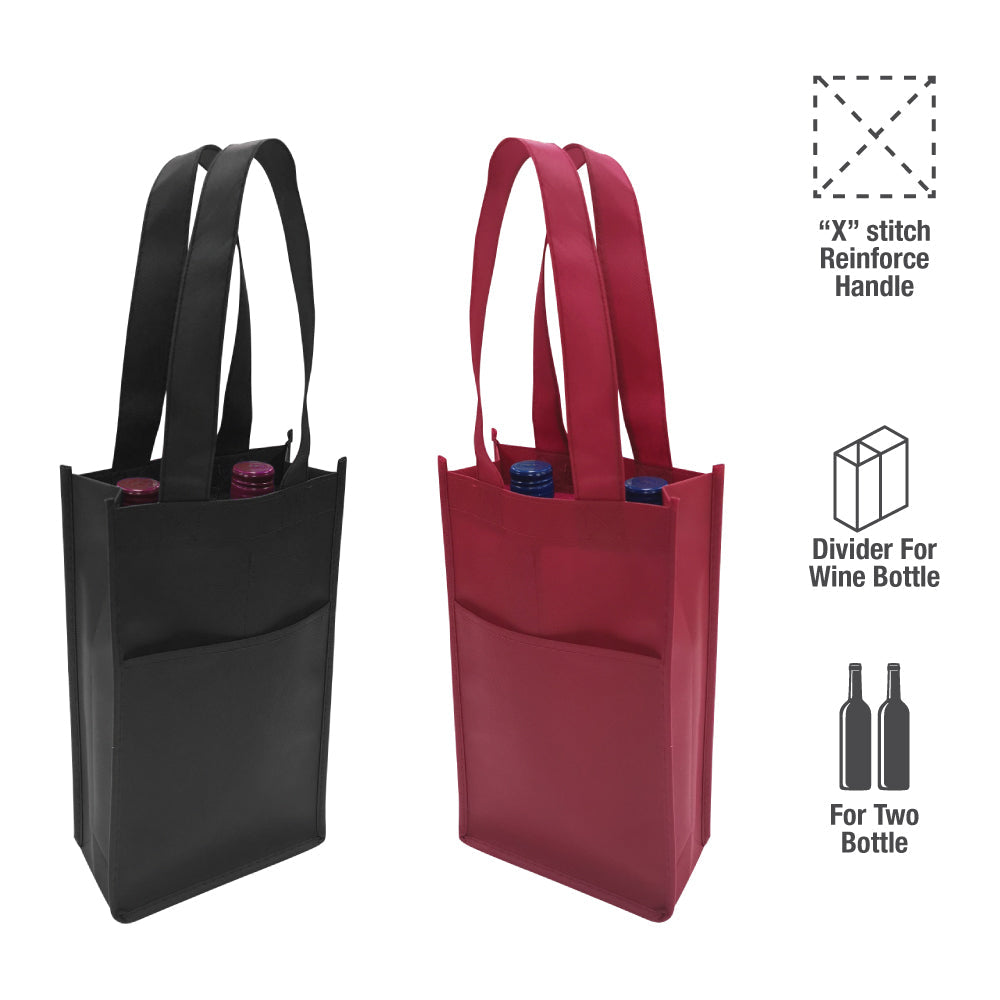 Two 2-bottle wine bags with x stitch reinforce handles, one red and one black.