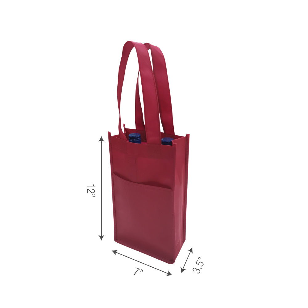 A red 2-bottle wine bag with front pocket, handles and dimension measurement