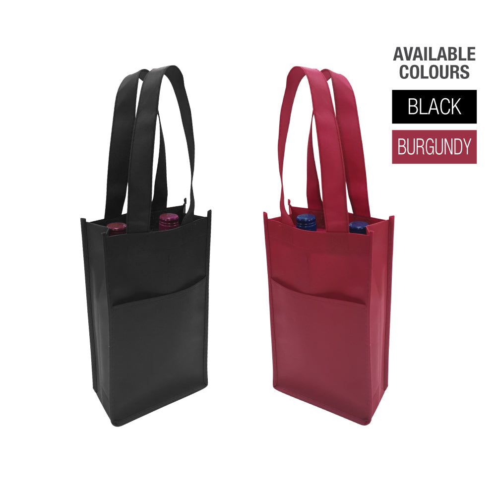 Two wine bags, one red and one black, with handles.