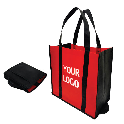 Foldable non-woven shopping bag in red and black with logo design