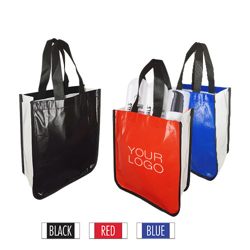 Three laminated non-woven fashion shopping bags in different colors with "Your Logo" printed on them.