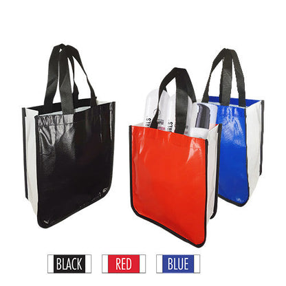 Three laminated non-woven fashion shopping bags in different colors with "Your Logo" printed on them.