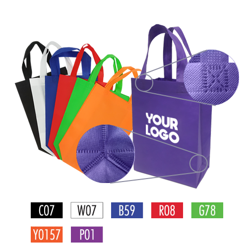 A group of colorful non-woven promotional shopping bags with "Your Logo" on them and  "X" stitch reinforced handle