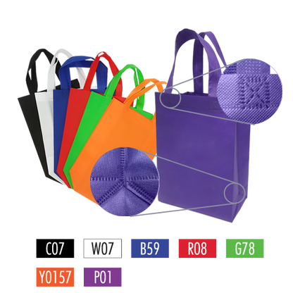 A group of colorful non-woven promotional shopping bags with "Your Logo" on them and  "X" stitch reinforced handle