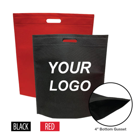 A reusable shopping bag with your logo, featuring a red and black color scheme, die-cut handle and 4 inch bottom gusset.