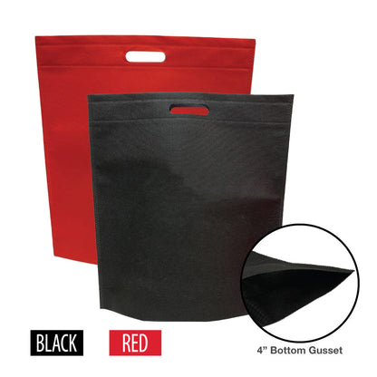 A reusable shopping bag with your logo, featuring a red and black color scheme, die-cut handle and 4 inch bottom gusset.