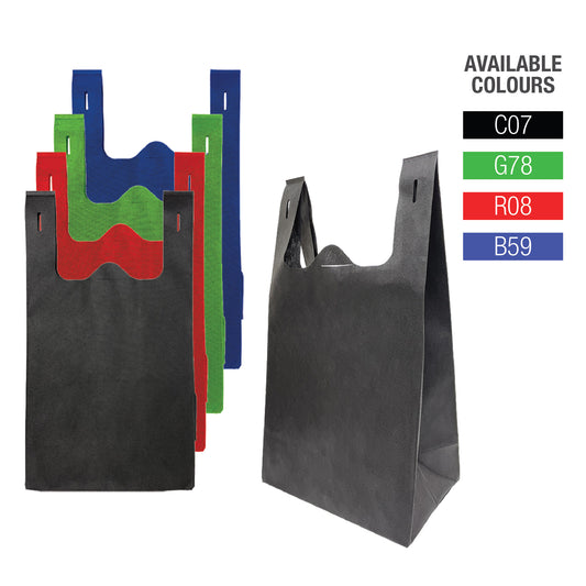 A collection of reusable T-shirt non-woven shopping bags in various vibrant colors