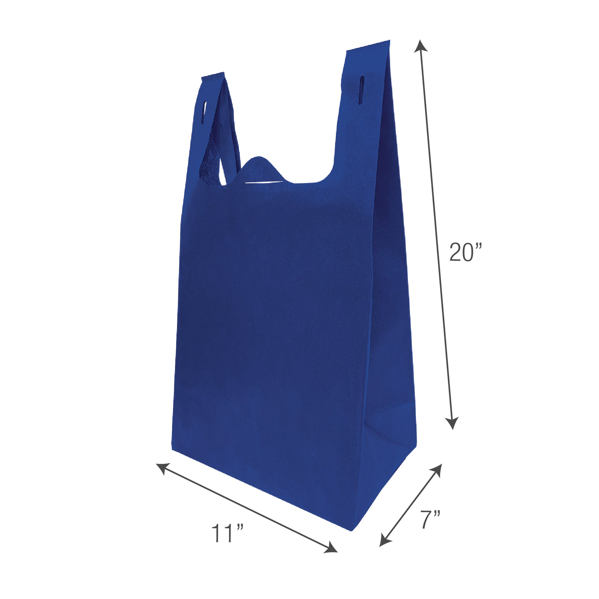 Blue reusable T-shirt non-woven shopping bag with handle measurements displayed.