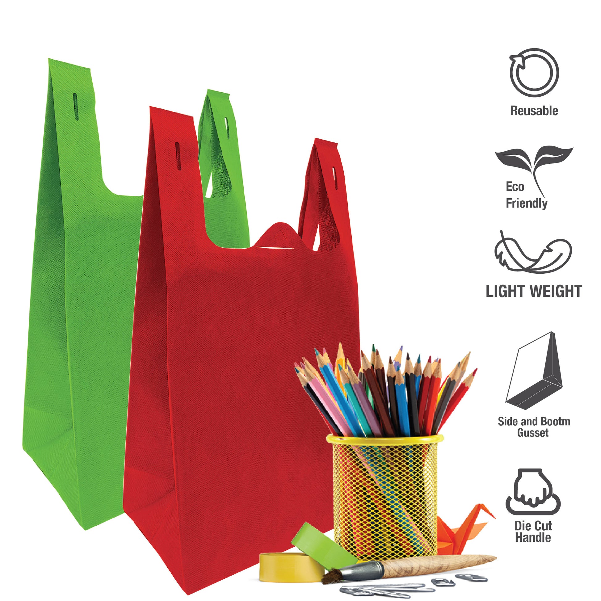 A reusable T-shirt non-woven shopping bag filled with pencils and other items, in red and green colors.