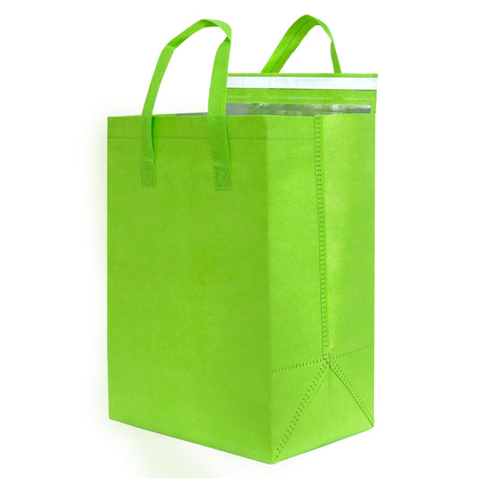 A green thermal delivery bag with zipper