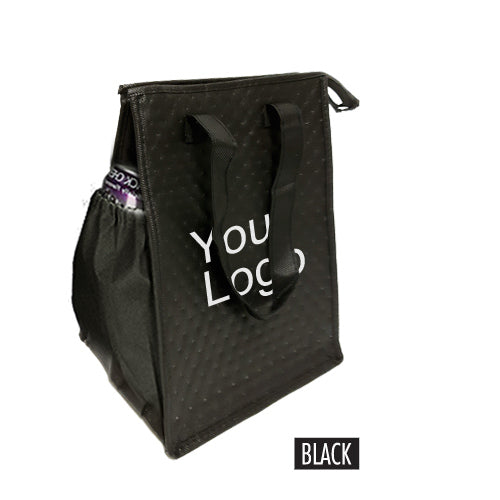 black Insulated lunch bag with a handy side pocket and zipper displaying "Your Logo".