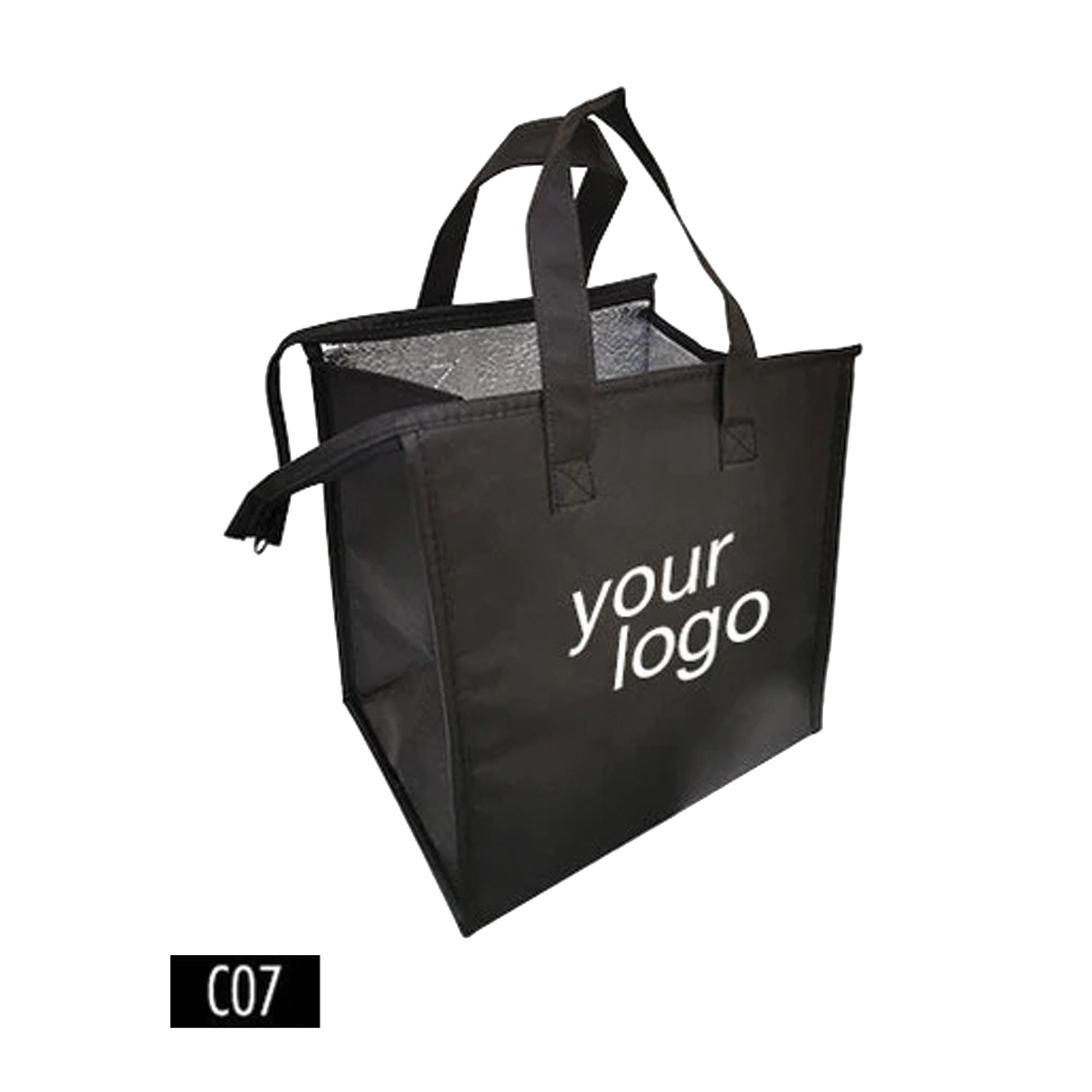 A black insulated lunch bag with zipper and your logo prominently displayed on it