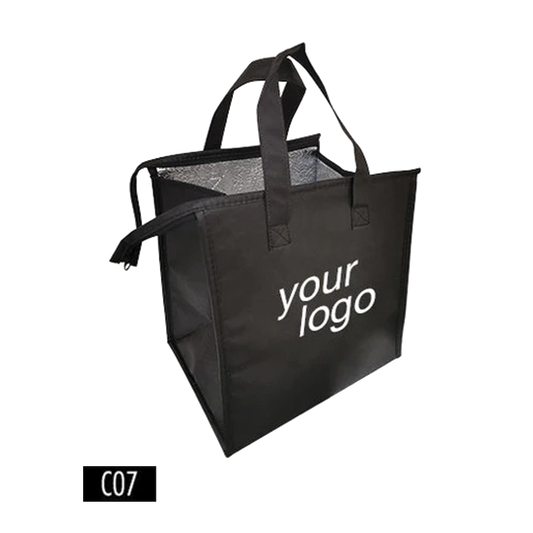 A black insulated lunch bag with zipper and your logo prominently displayed on it
