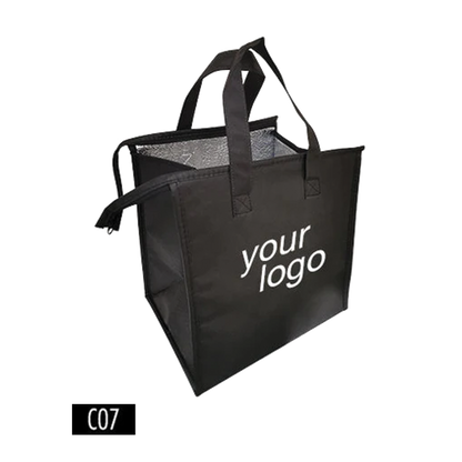 A black insulated lunch bag with zipper and your logo prominently displayed on it