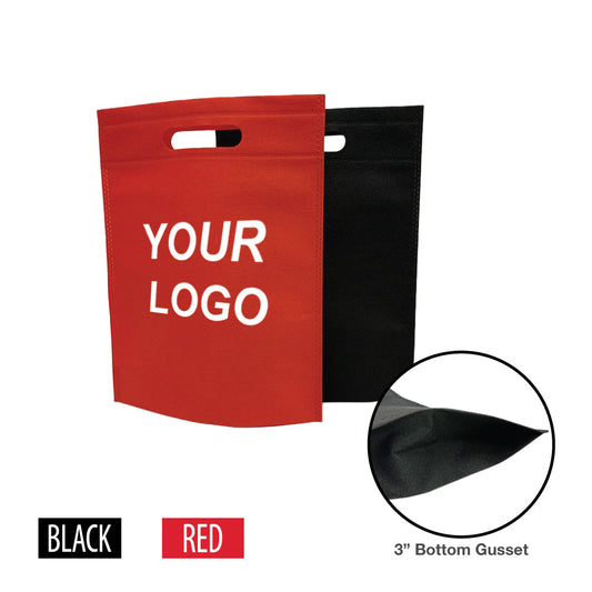 Non-woven shopping bags in red and black, featuring your logo, die cut handle and 3 inch bottom gusset