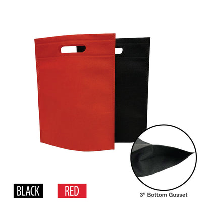 Non-woven shopping bags in red and black, featuring your logo, die cut handle and 3 inch bottom gusset