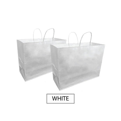Two fashion size white paper bags with twisted handles and the words "Your Logo" printed on them
