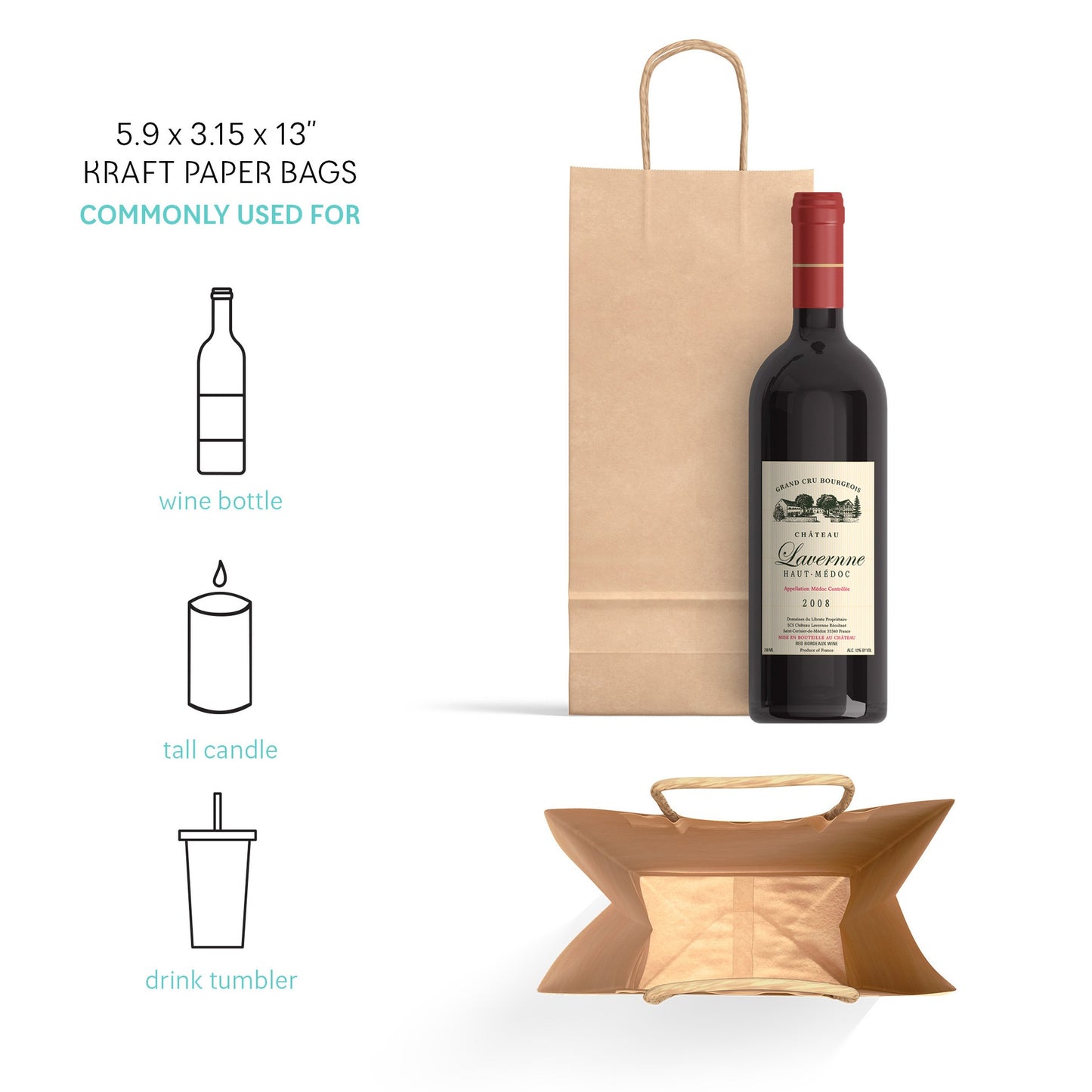 Wine Paper Shopping Bag 5.9" x 3.25" x 13" - 250pcs
