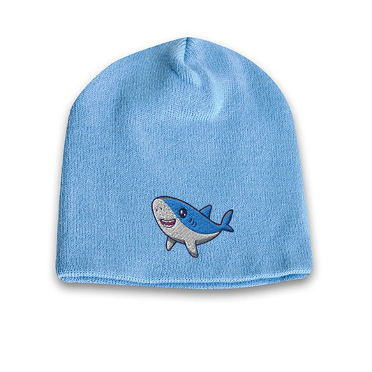 Light blue acrylic knit beanie with embroidered cute shark logo on the front