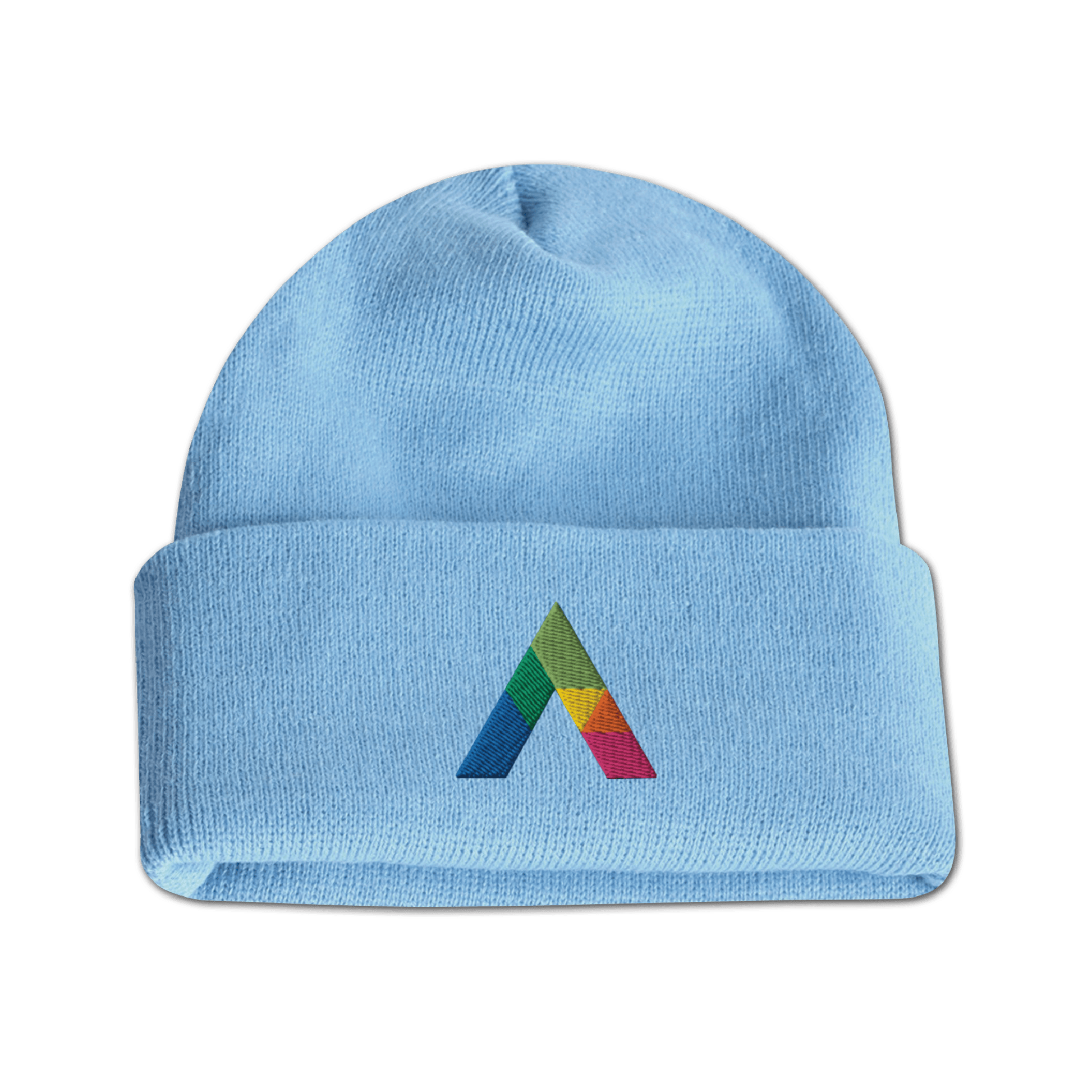 Acrylic roll up knit toque beanie in light blue with a multicolor embroidered logo on the front cuff.