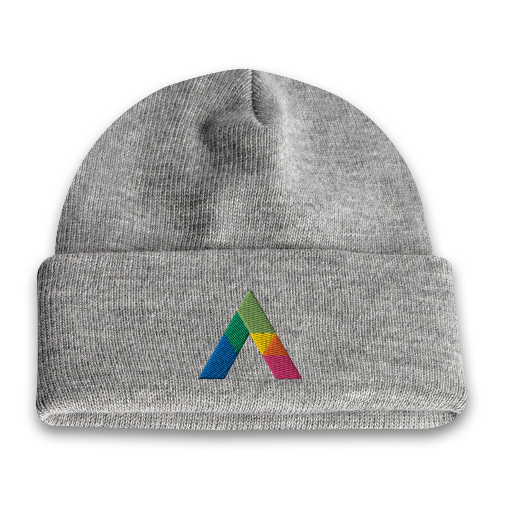 Acrylic roll up knit toque beanie in light grey with a multicolor embroidered logo on the front cuff.