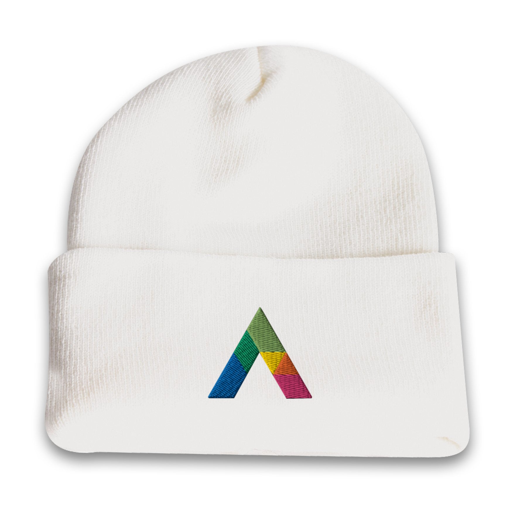 Acrylic roll up knit toque beanie in white with a multicolor embroidered logo on the front cuff.