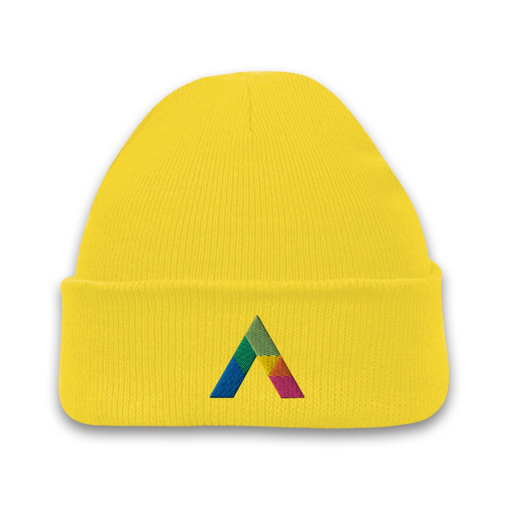 Acrylic roll up knit toque beanie in yellow with a multicolor embroidered logo on the front cuff.