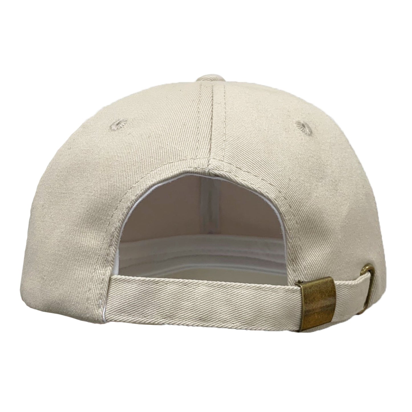 Beige constructed heavy weight cotton cap showing back view with adjustable metal buckle strap.