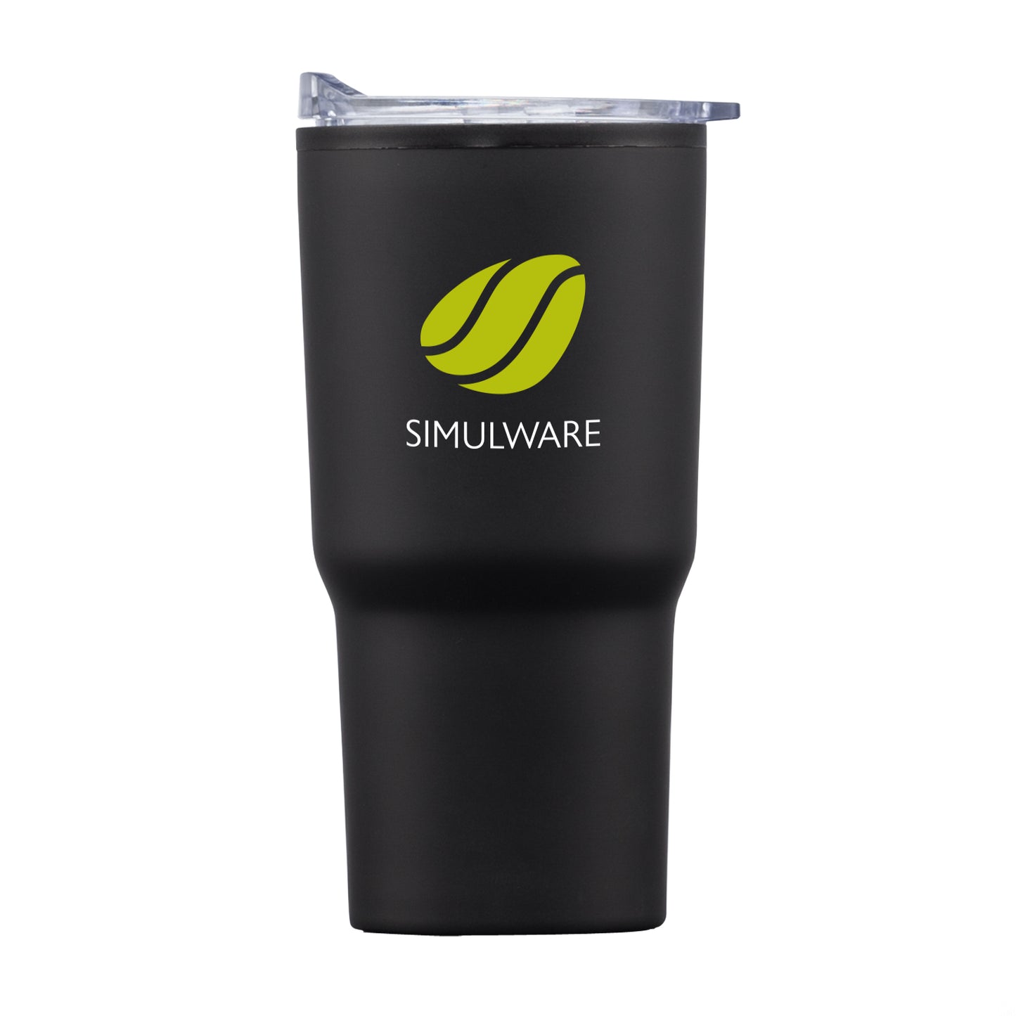 Bexley 20oz black tumbler with thermoplastic liner, clear lid, and Simulware logo printed on front