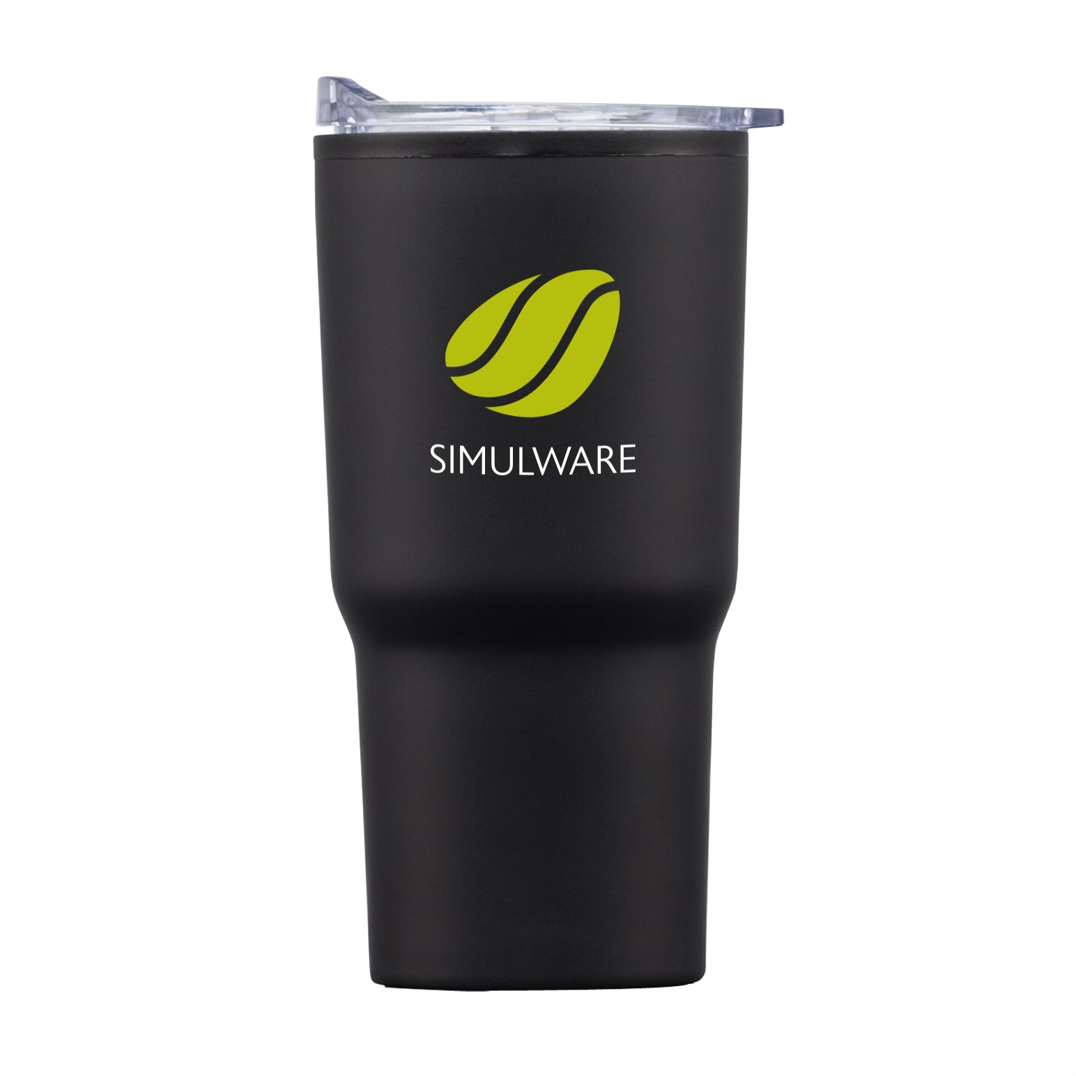 Bexley 20oz black tumbler with thermoplastic liner, clear lid, and Simulware logo printed on front