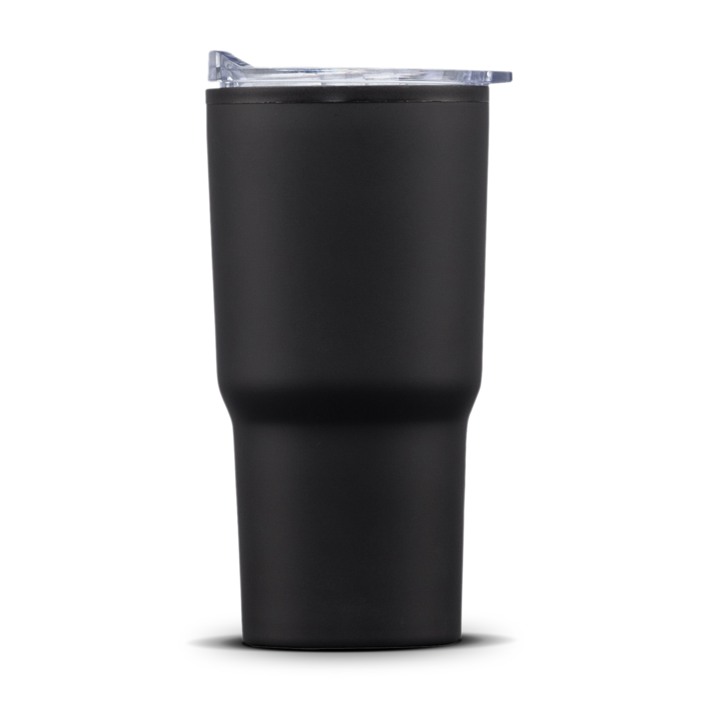 Bexley 20oz black stainless steel tumbler with thermoplastic liner and clear lid, plain front view