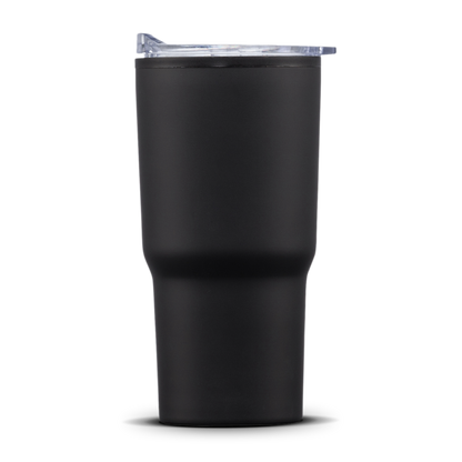 Bexley 20oz black stainless steel tumbler with thermoplastic liner and clear lid, plain front view