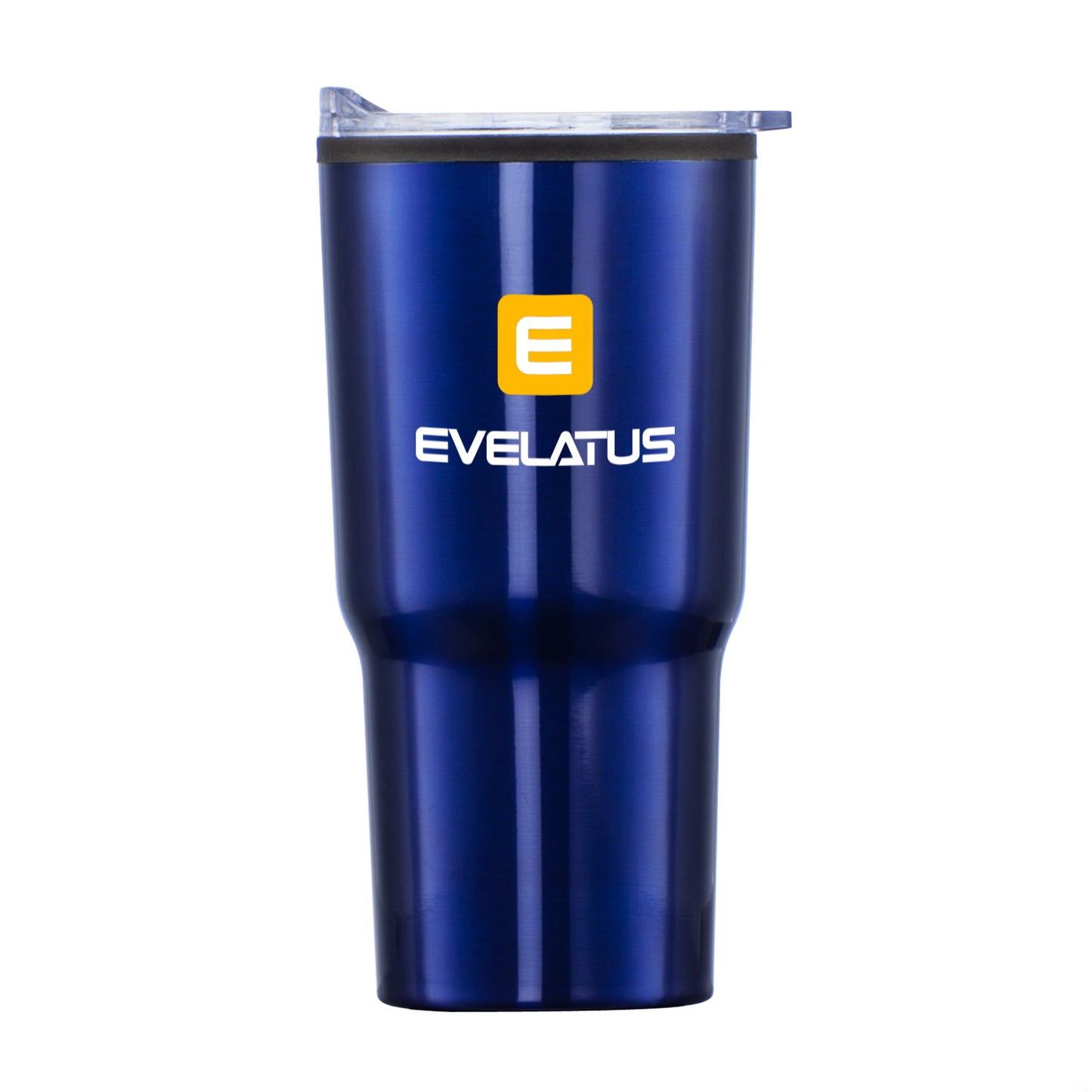 Bexley 20oz blue tumbler with thermoplastic liner, clear lid, and Evelatus logo printed on front