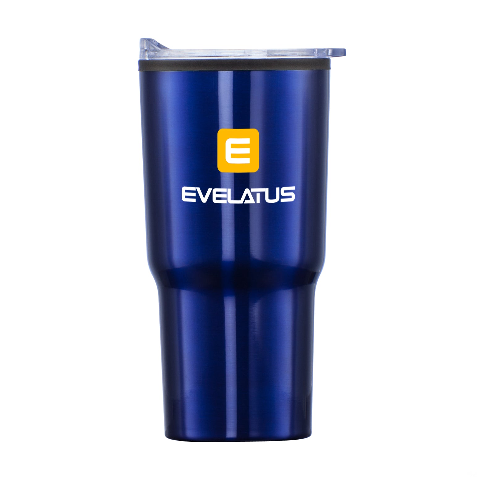 Bexley 20oz blue tumbler with thermoplastic liner, clear lid, and Evelatus logo printed on front