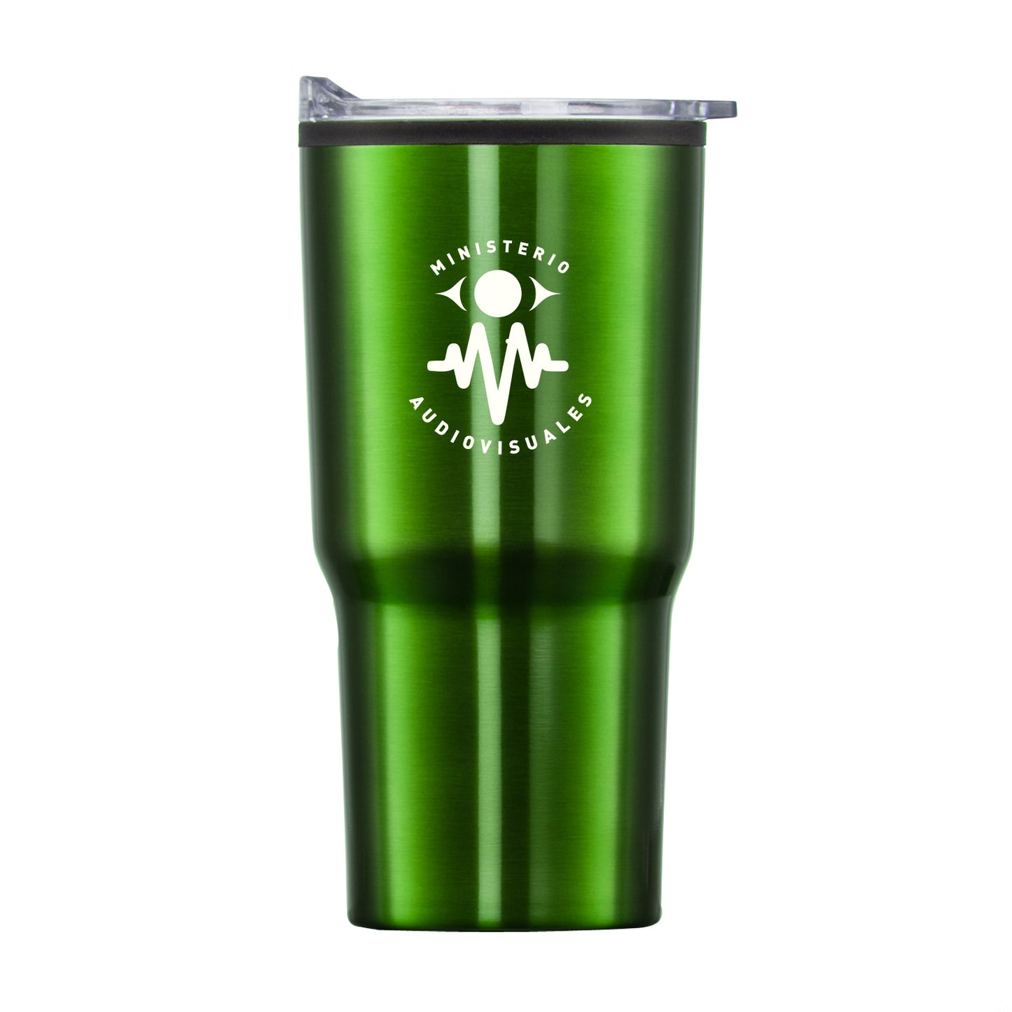 Bexley 20oz green tumbler with thermoplastic liner, clear lid, and Ministerio Audiovisuales logo printed on front