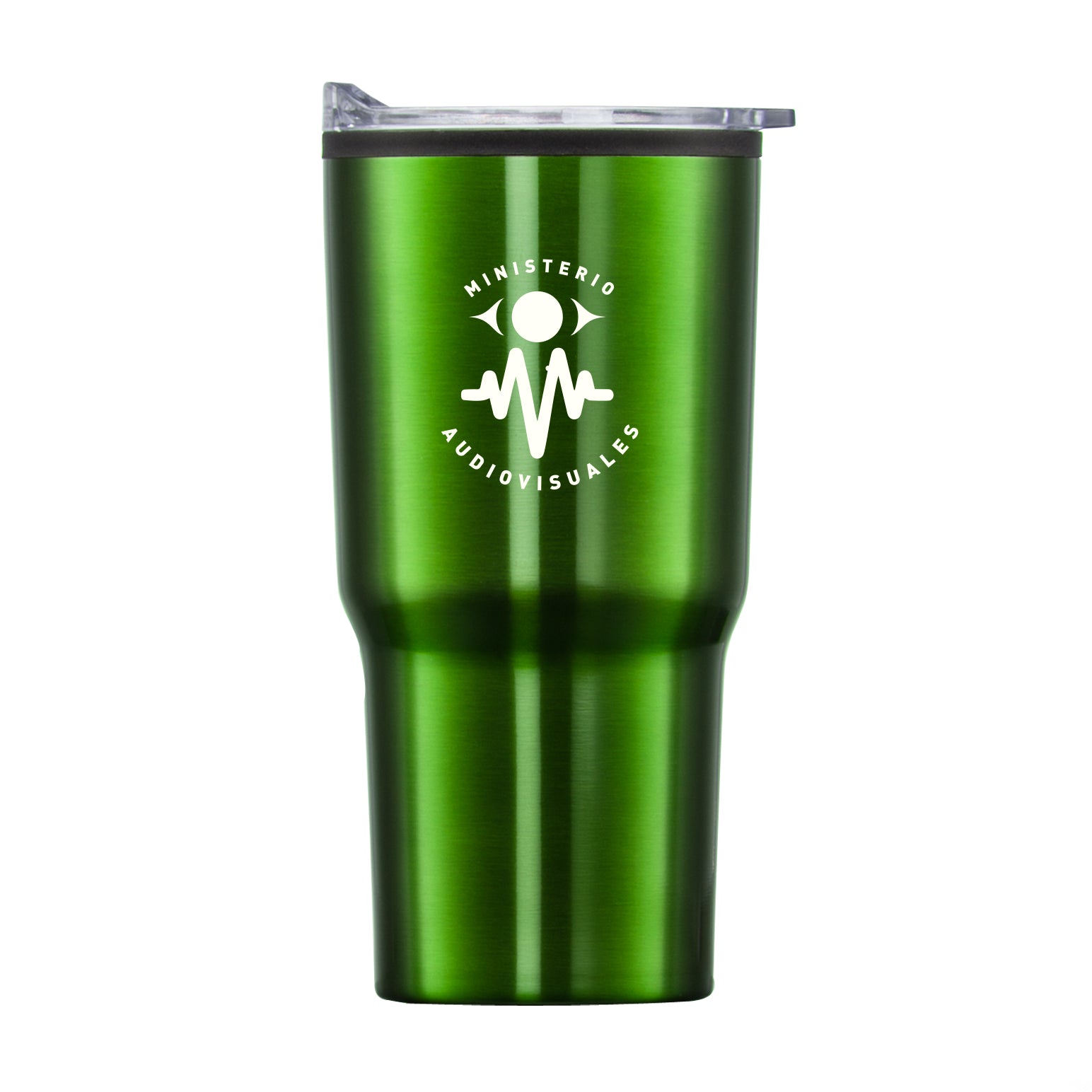 Bexley 20oz green tumbler with thermoplastic liner, clear lid, and Ministerio Audiovisuales logo printed on front