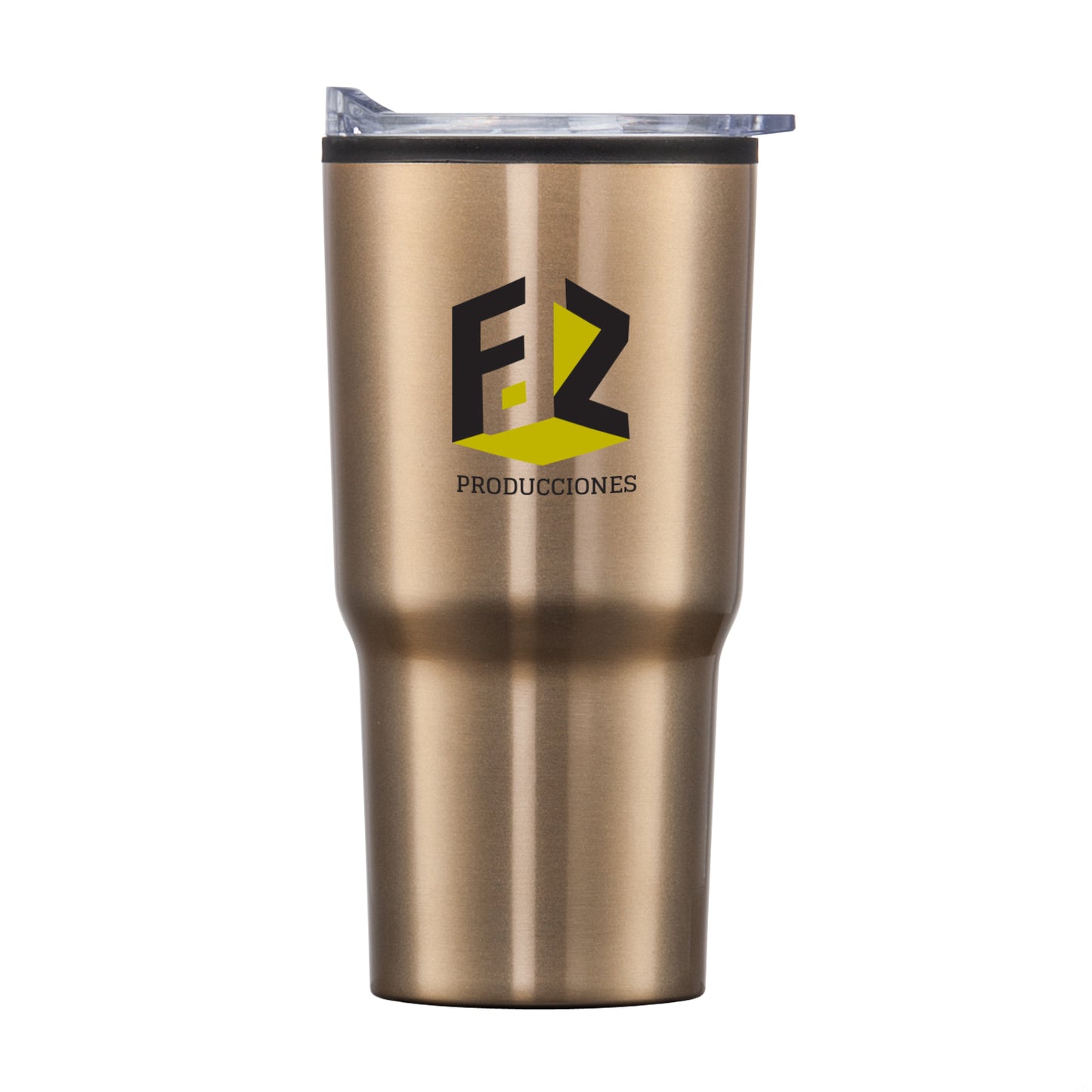 Bexley 20oz metallic tumbler with thermoplastic liner, clear lid, and FZ Producciones logo printed on front