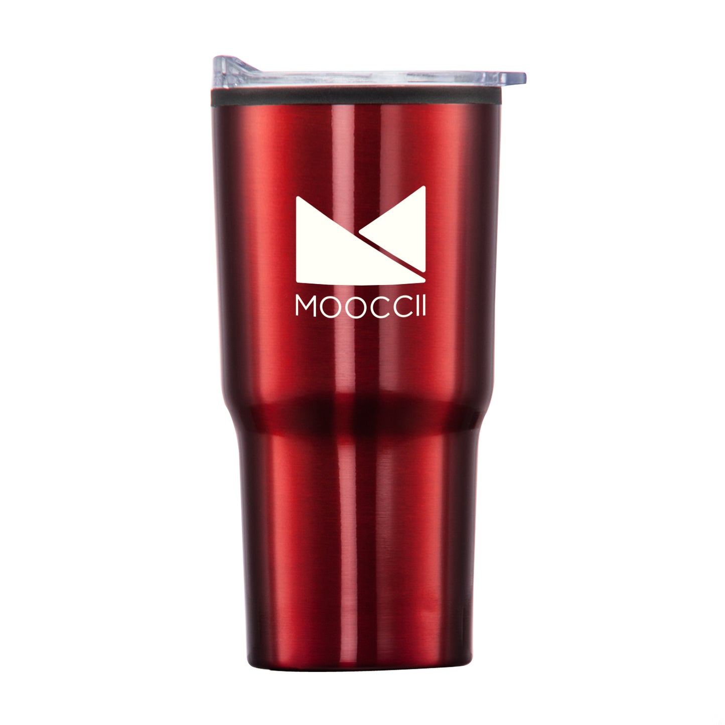 Bexley 20oz red tumbler with thermoplastic liner, clear lid, and MOOCCI logo printed on front