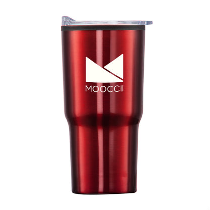 Bexley 20oz red tumbler with thermoplastic liner, clear lid, and MOOCCI logo printed on front