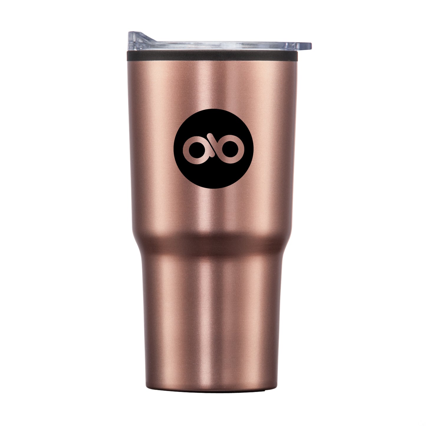 Bexley 20oz rose gold tumbler with thermoplastic liner, clear lid, and black AB logo printed on front