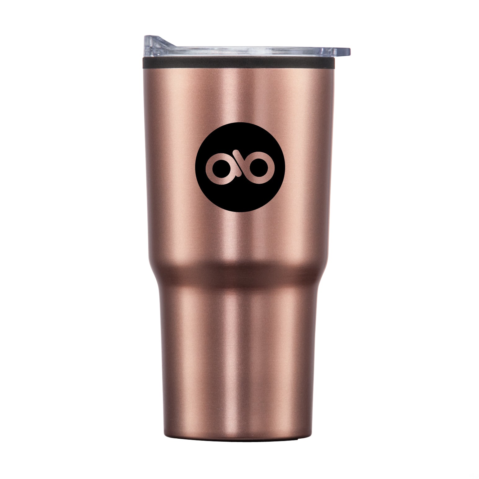 Bexley 20oz rose gold tumbler with thermoplastic liner, clear lid, and black AB logo printed on front