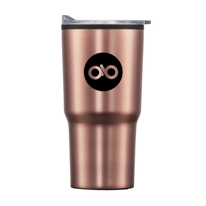 Bexley 20oz rose gold tumbler with thermoplastic liner, clear lid, and black AB logo printed on front