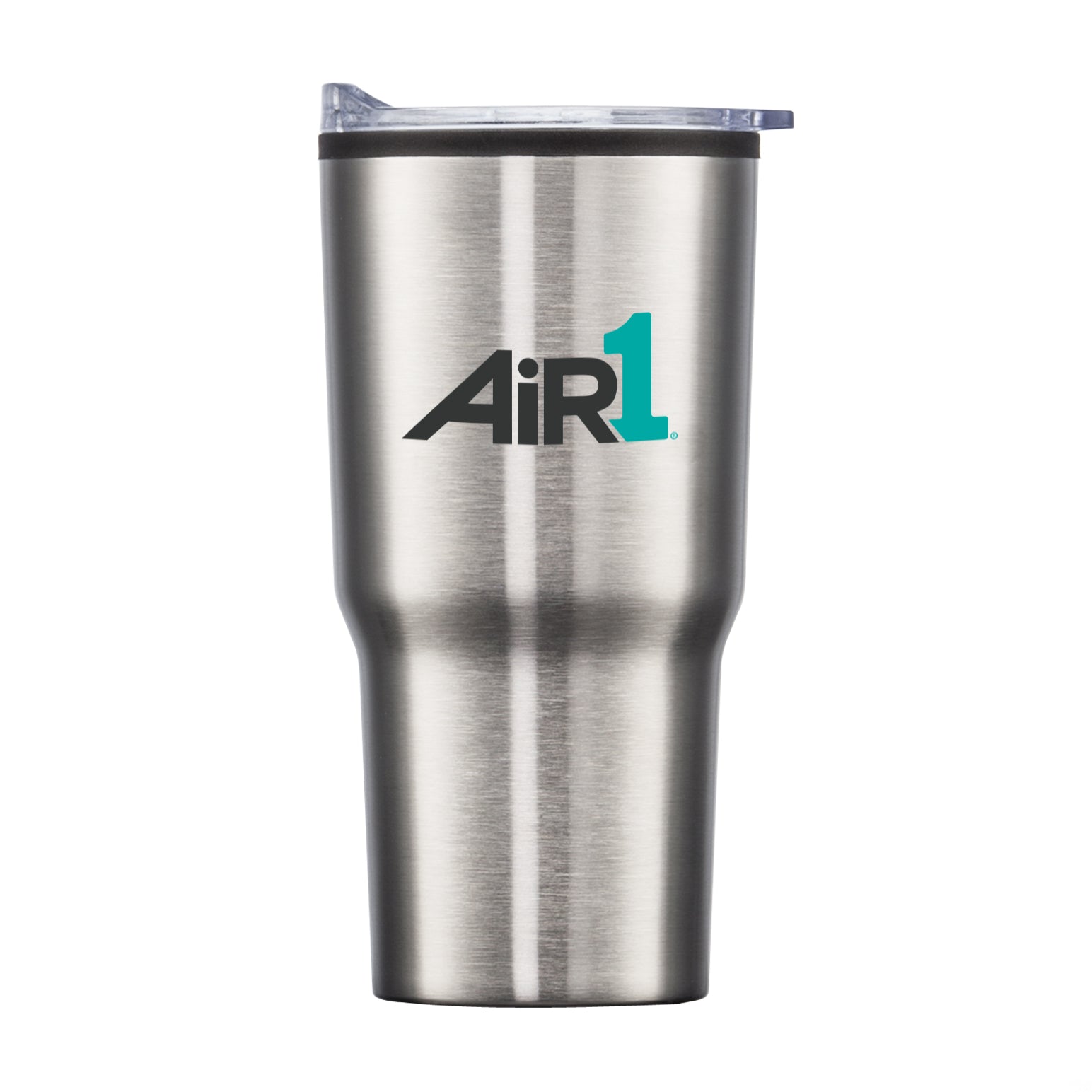 Bexley 20oz stainless steel tumbler with thermoplastic liner, clear lid, and Air1 logo printed on front
