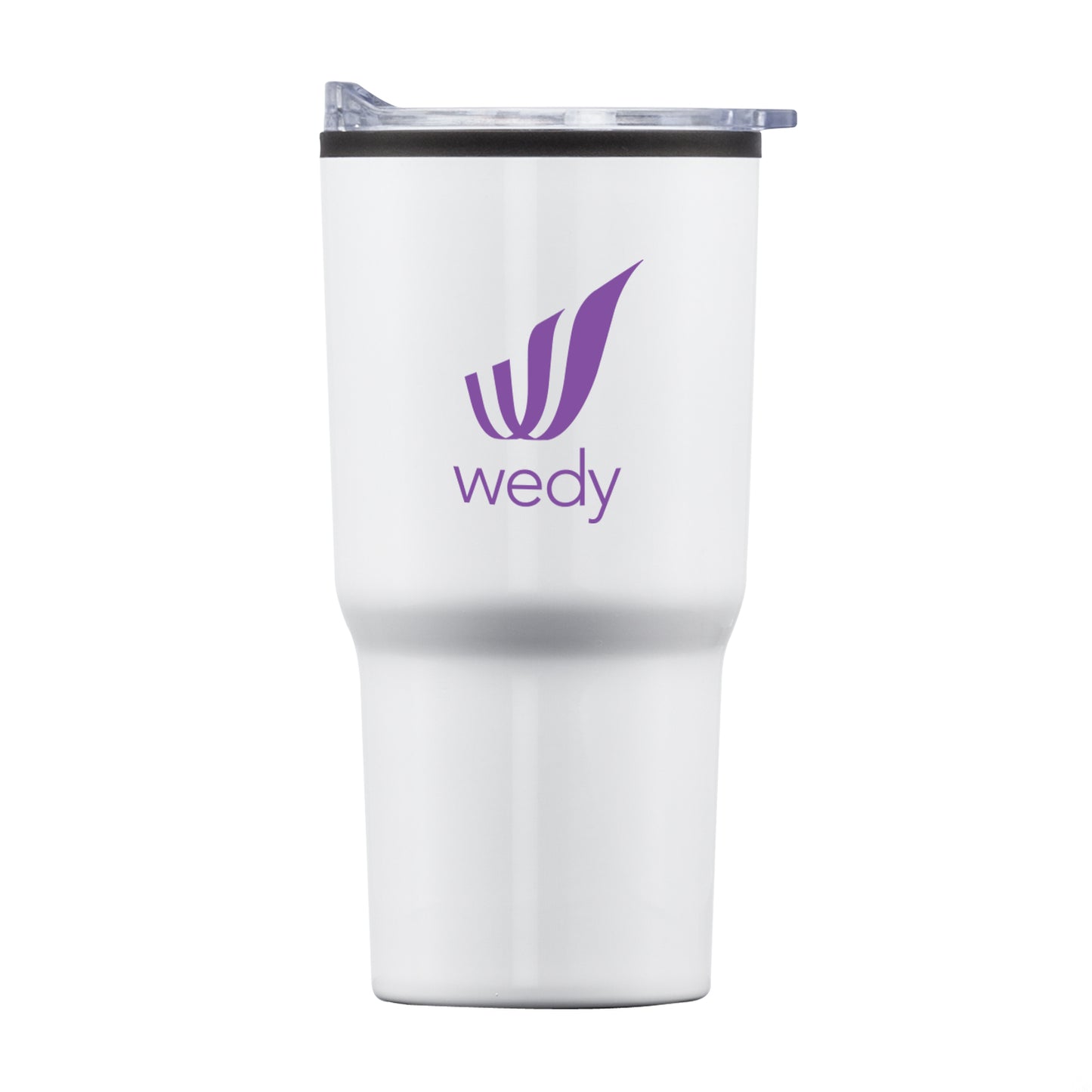 Bexley 20oz white stainless steel tumbler with thermoplastic liner, clear lid, and purple Wedy logo printed on front