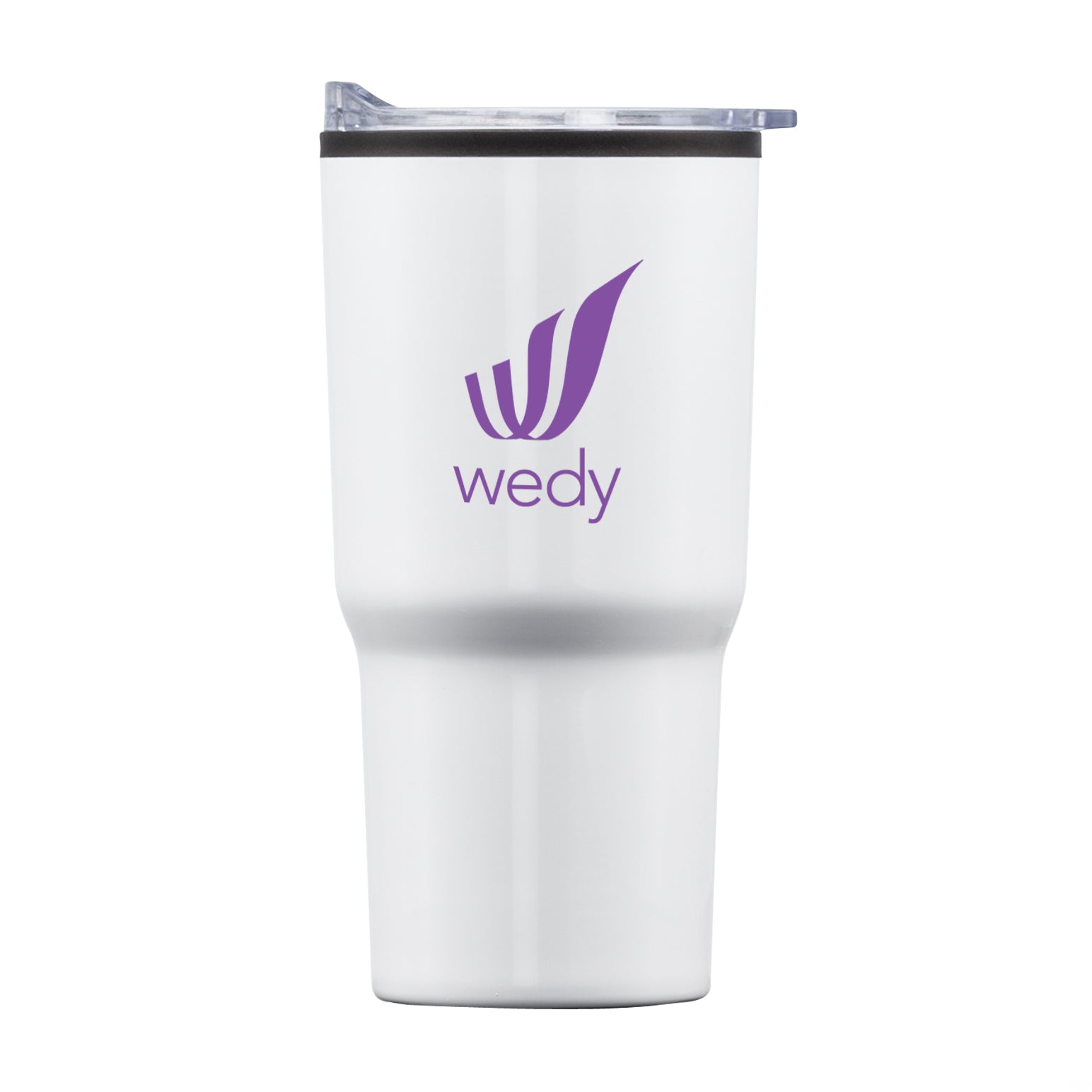 Bexley 20oz white stainless steel tumbler with thermoplastic liner, clear lid, and purple Wedy logo printed on front