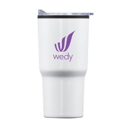 Bexley 20oz white stainless steel tumbler with thermoplastic liner, clear lid, and purple Wedy logo printed on front