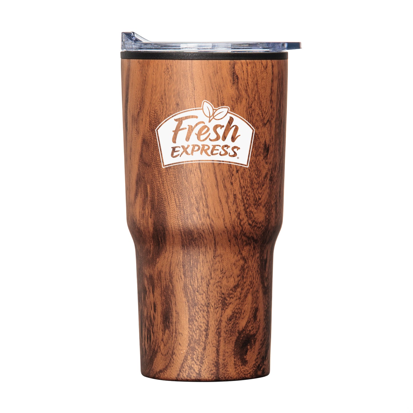 Bexley 20oz tumbler with woodgrain finish, thermoplastic liner, clear lid, and Fresh Express logo printed on front